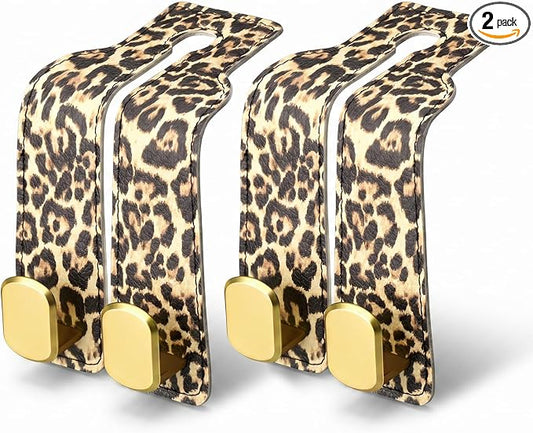 2 Pack Leopard Print Headrest Hooks, Heavy Duty Purse Hook Holder Universal Leopard Vehicle Storage Organizer for Purses Bags Accessories