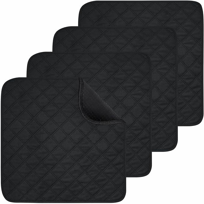 4 Pack Waterproof Chair Pads for Incontinence - Waterproof Seat Protector Pads 22" X 21", Resuable Washable Non-Slip Absorbent Chair Seat - Absorbent for Bed, Seat, Car, Wheelchair & Recliner（Black）