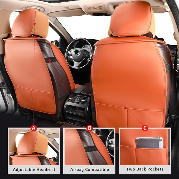 MIROZO Front Seat Covers Brown, Leather Car Seat Cover Breathable Automotive Seat Covers Universal Car Seat Protector Vehicle Cushion Cover for Sedan, Truck and SUV (2PCS Front, Brown)