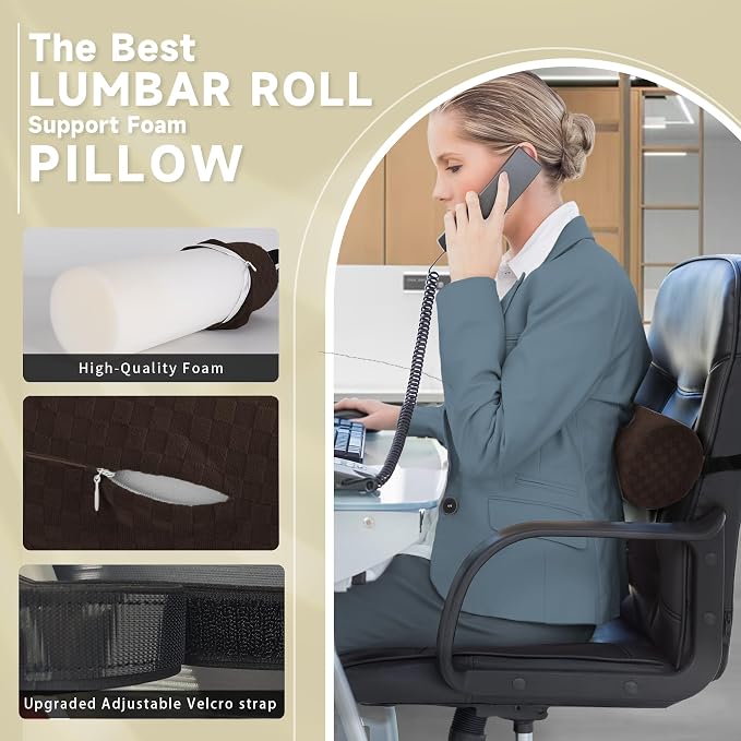 Coeyese Lumbar Roll Pillow for Lower Back Support, Dark Brown, 15 * 4.3'' | Removable Pillowcase, Upgraded Adjustable Strap, Suitable for Office, Chair, Car, Seat Pain Relief & Improving Posture