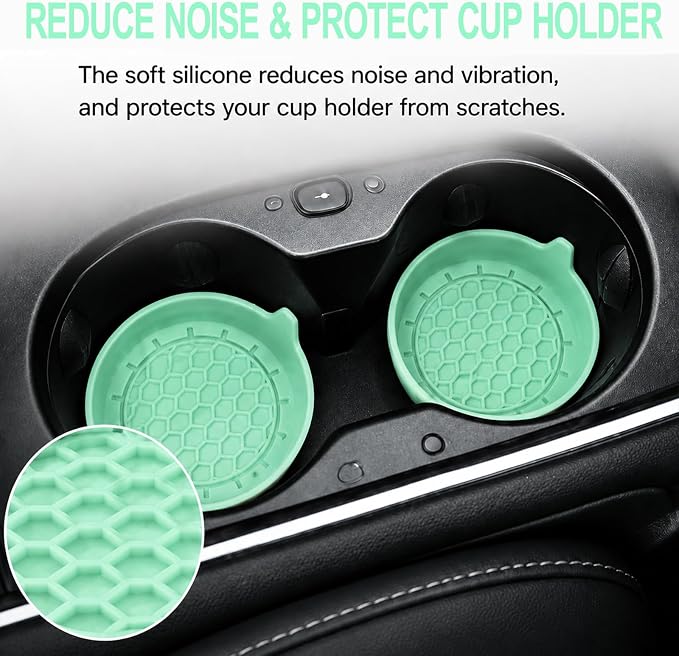 4 Pack Car Cup Holder Coaster, 3.15 Inch Non-Slip Silicone, Green | Cup holder insert, spill proof ,raised lip, honeycomb base, rinse clean, fits most sedans suvs trucks, automotive accessories