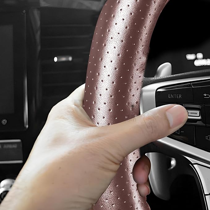 Genuine Leather Steering Wheel Cover, 15 Inch Stitch on Wheel Wrap with Needles & Threads, Breathable Steering Wheel Protector DIY Sewing Wrap for Car Truck SUV (Coffee, Full Hole)