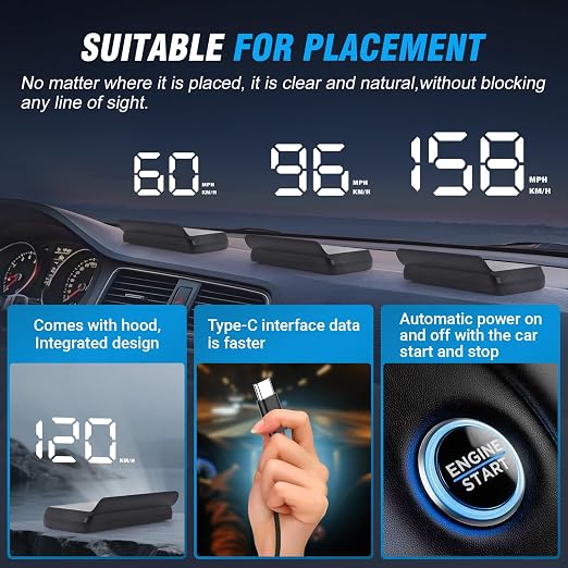 W2 Heads Up Display for Cars,Speedometer with Overspeed Alarm,Automatic Brightness Adjustment,Triple Over-Speed Alarm,LED Large Font,Built in Sun Visor,Plug & Play USB HUD Fit for All Vehicles(White)