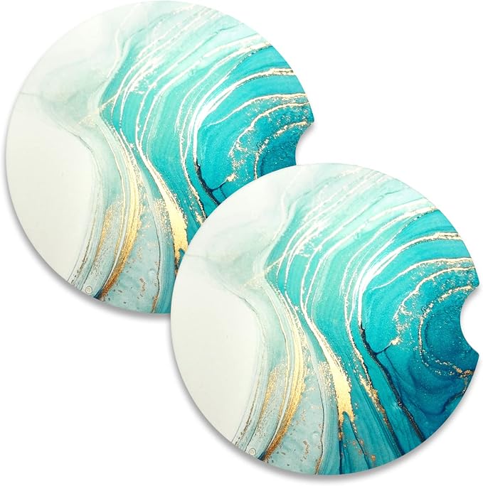 Nipichsha Car Coasters for Cup Holders, 2 Pack Absorbent Ceramic Car Cup Holder Coaster for Drinks, Cute Auto Assecories for Women Men, Size 2.56 in with Finger Notch & Cork Base, Gold Teal Ocean