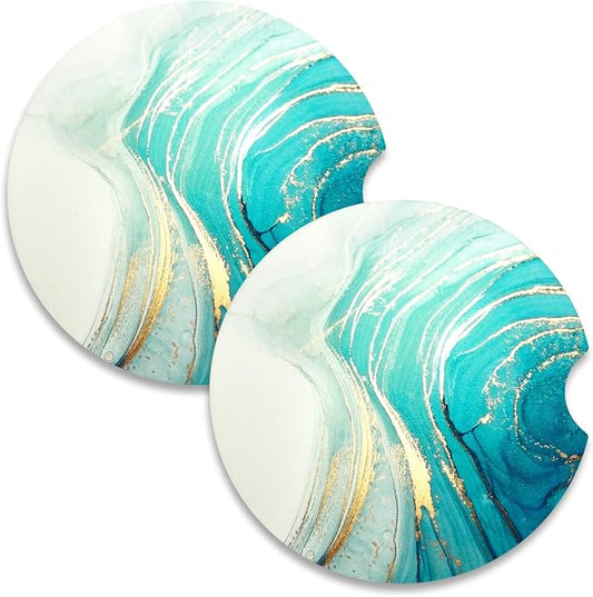 Nipichsha Car Coasters for Cup Holders, 2 Pack Absorbent Ceramic Car Cup Holder Coaster for Drinks, Cute Auto Assecories for Women Men, Size 2.56 in with Finger Notch & Cork Base, Gold Teal Ocean