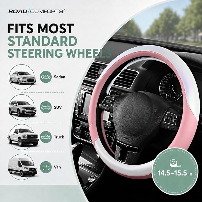 Road Comforts Steering Wheel Cover – Breathable Leather Steering Wheel Cover, Anti-Slip Grip, Universal Fit 14.5” to 15”, Heat & Cold Resistant for Cars, SUVs, and Trucks –Shining White & Pink