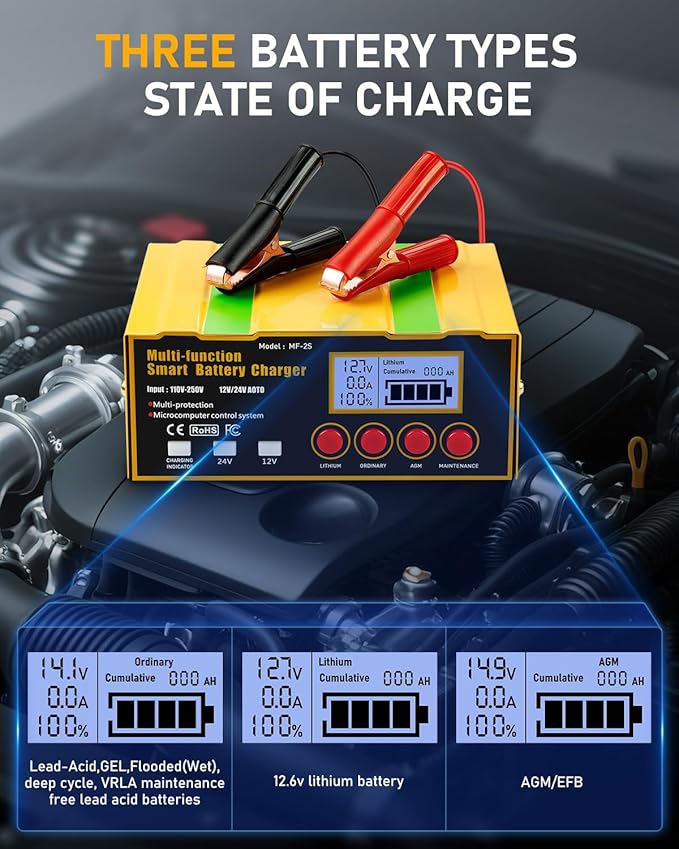 12-Amp Smart Battery Charger,Lithium,Lead-Acid(AGM/Gel/SLA) Pulse Repair Car Battery Charger,Trickle Charger,Maintainer/Deep Cycle Charger,12V/10A | 24V/7.5A for Automotive,Boat,Motorcycle,Lawn Mower