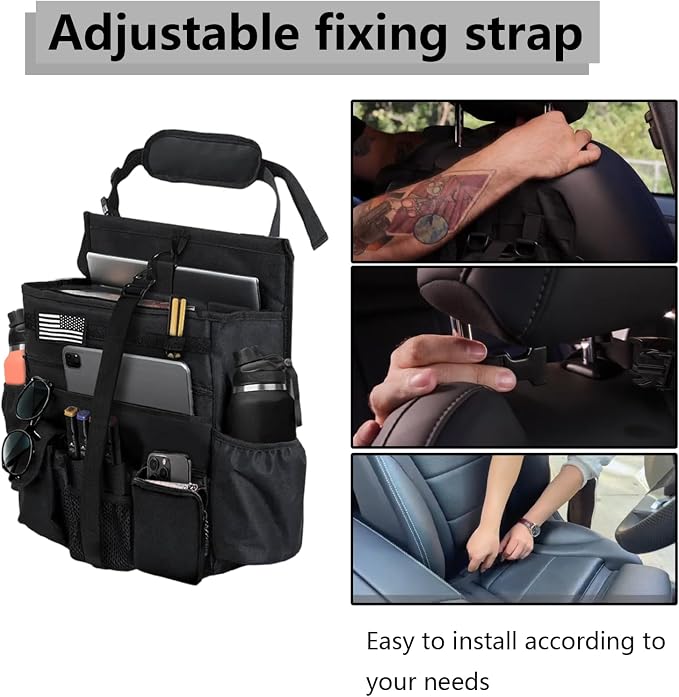 2 Pack Front or Seat back organizer seat side pocket with dedicated tablet and 17 IN laptop storage stabilizers external stabilizing side straps soft adjustable shoulder straps (Large Black)