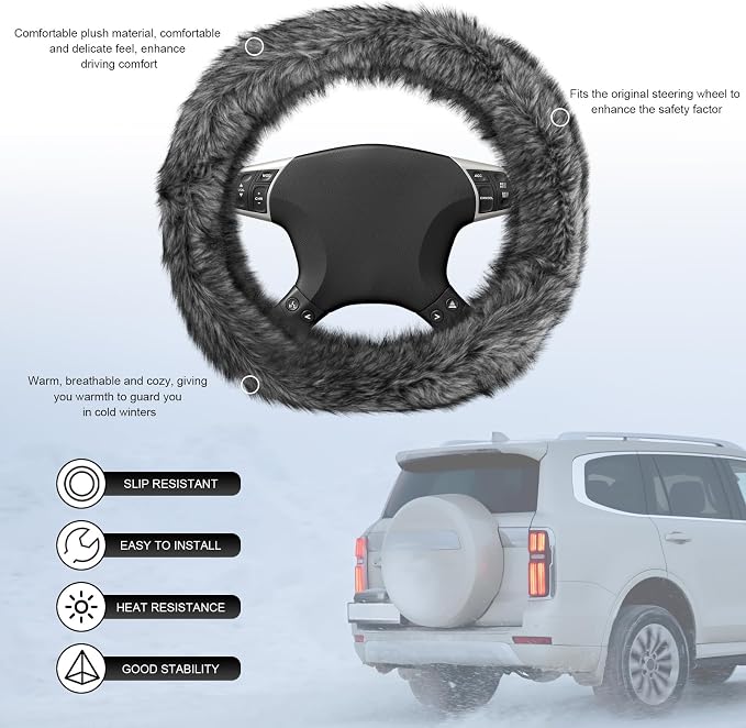 Fluffy Steering Wheel Cover, 15 Inch Anti-Slip Microfiber Plush Fuzzy Steering Wheel Cover, Winter Warm Elastic Fuzzy Steering Wheel Covers for Women and Men, Car Accessories (Gray)