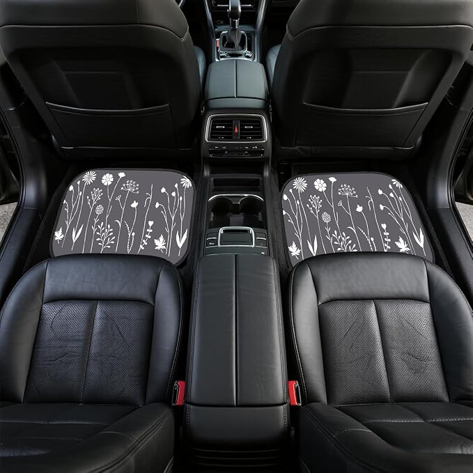 Boho Flower Car Floor Mats Set of 4 Minimalist White Floral Line Art Grey Automotive Foot Mats Rugs Carpet for Car Non-Slip Auto Car Accessories Universal Fit for Car SUV Truck Van