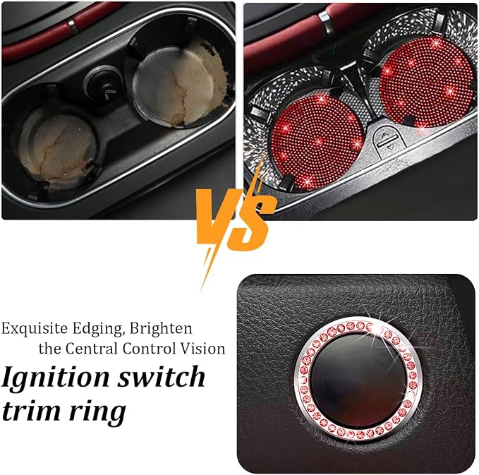 27PCS Bling Car Accessories Set for Women, 14.5-15" Crystal Rhinstone Steering Wheel Cover, License Plate Frame, USB Charger Phone Holder, Girly Auto Interior Decor Set, Universal Fit (Red)