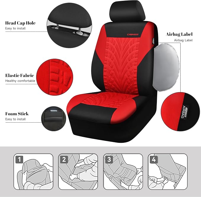 CAR PASS Car Seat Covers Two Front Only for Car, 3D Tyre Print Automotive Interior Covers, Airbag Compatible, Quick Setup Universal Fit Seat Covers for Car, Truck, SUV(Black Red)