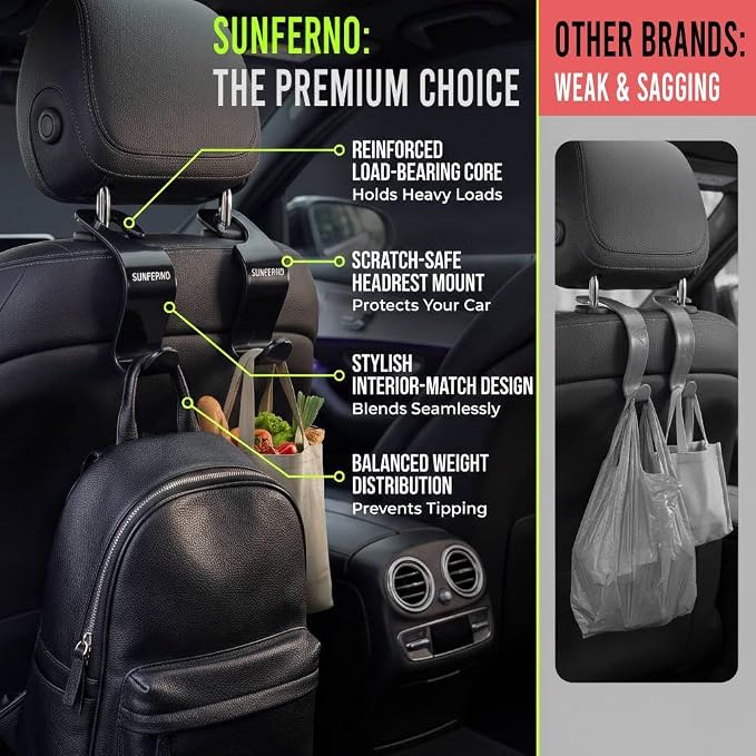 Car Hooks – Durable Headrest Hooks for Car | Car Purse Hook Holds Bags, Groceries & Essentials | Purse Hooks for Car That Don't Slip | Must-Have Car Hanging Accessories – 4-Pack, Easy Install