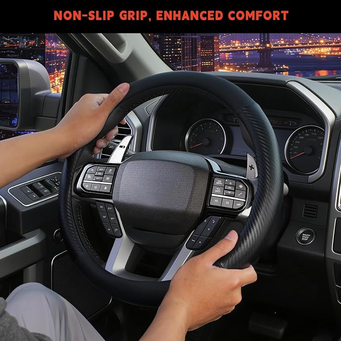Steering Wheel Cover for Ford F150 F250 F350 1997-2026, Half Carbon Fiber | Compatible with F-150 F-250 F-350, Expedition 2007-2026, Nappa Leather, Anti-slip Grip, Non-slip, Large Size 15.5-16 Inch