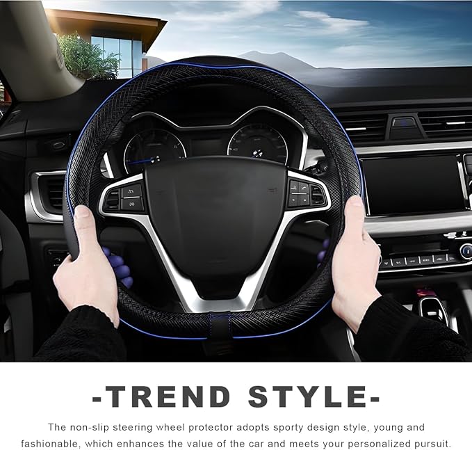 Car Steering Wheel Cover, 15 Inch Anti-Slip Breathable Leather Auto Steering Wheel Protector, Full Surround Soft Steering Wheel Cover for Men Women, Car Interior Accessories (Black & Blue)