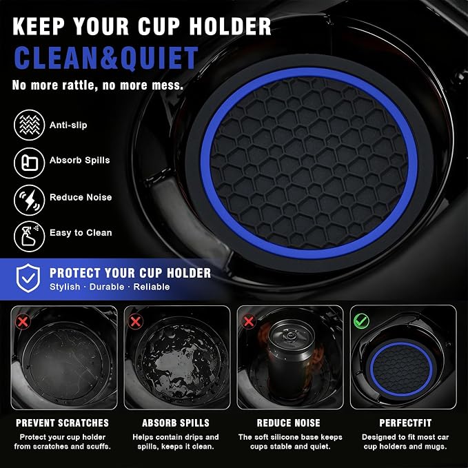 4PCS Car Cup Holder Coasters, 2.75 Inch Non-Slip Insert Water Bottle Holder Pads, Dustproof Automotive Interior Accessories Mat, Universal for Vehicles, Trucks, RVs and More (Blue)