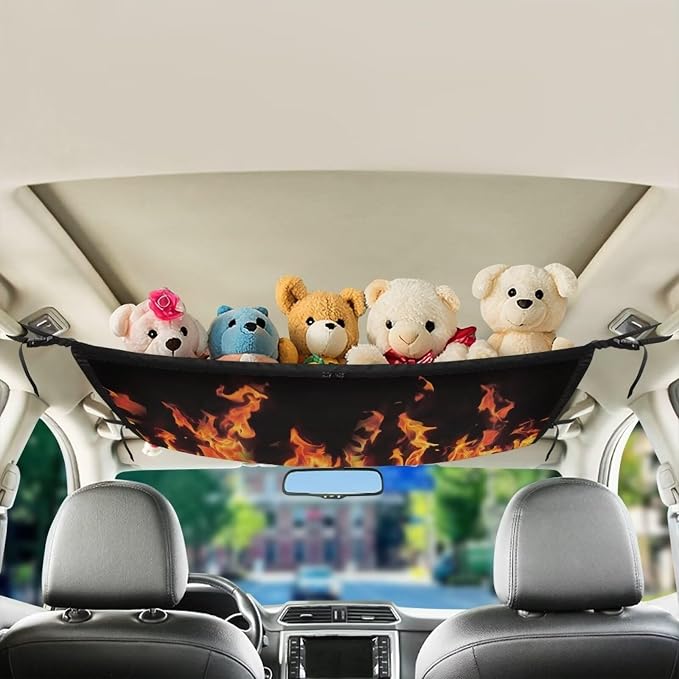 Dreaweet Orange Flame Car Ceiling Cargo Net,31" x 24" Large Capacity Car Storage Mesh Organizer,Double-Layer Interior Roof Cargo Net Universal Car Accessories for Travel Road Trips