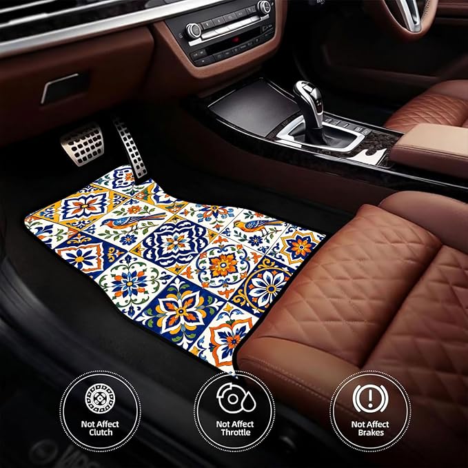 Tile Car Floor Mats Set of 4 Blue Bird Floral Pattern Car Accessories Foot Mats Rugs, Non-Slip,Decor for Universal Fit for Suvs Sedans Trucks Cars Auto Floor Carpets Rugs All-Weather
