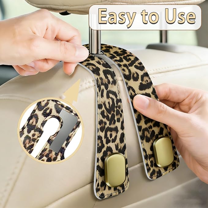 Car Hooks for Headrest: 2Pack Car Headrest Hook with Premium Leopard Leather - Double Metal Hooks - Purse Hook For Car - Car Headrest Hooks - Car Hooks for Purses, Handbags, Bags - Leopard