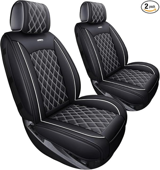 Front Seat Covers Chevy Silverado GMC Sierra Pickup Trail Boss Z71 Custom Fit 2007-2026 1500 2500HD 3500HD Crew Double Extended Cab Waterproof Leather Seat Protectors(2 PCS Front, Black-White)