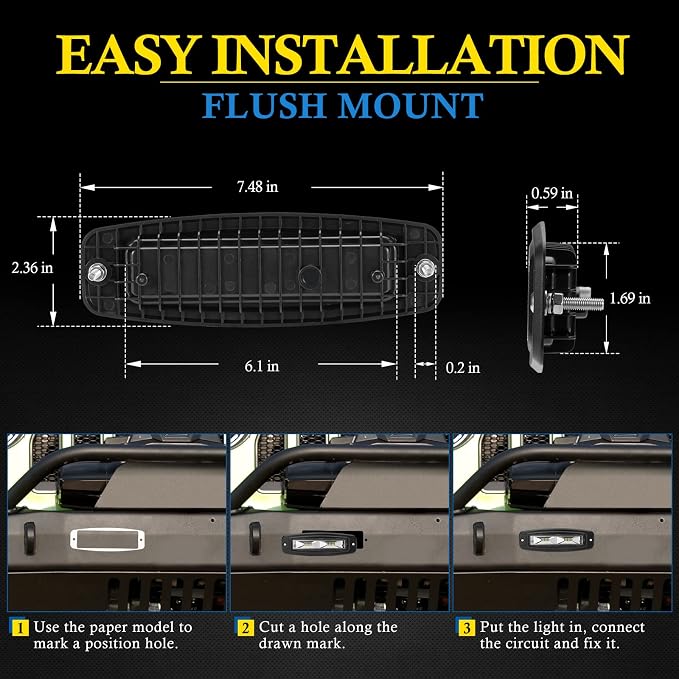 BUNKER INDUST 7" Inch Flood LED Light Pods,Pair Flush Mount LED Work Light 4800LM Light Bar Backup Driving Lights Waterproof for Truck Tractor Off Road 4x4 Jeep Pickup SUV ATV UTV Golf Cart