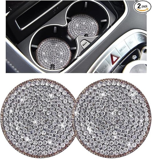 Bling Car Cup Holder Coaster, 2PCS 2.75 Inch Crystal Rhinestone Anti Slip Vehicle Drink Cup Mat for Women Girls, Auto Interior Embedded in Ornaments. Universal Fit (Golden Diamond)