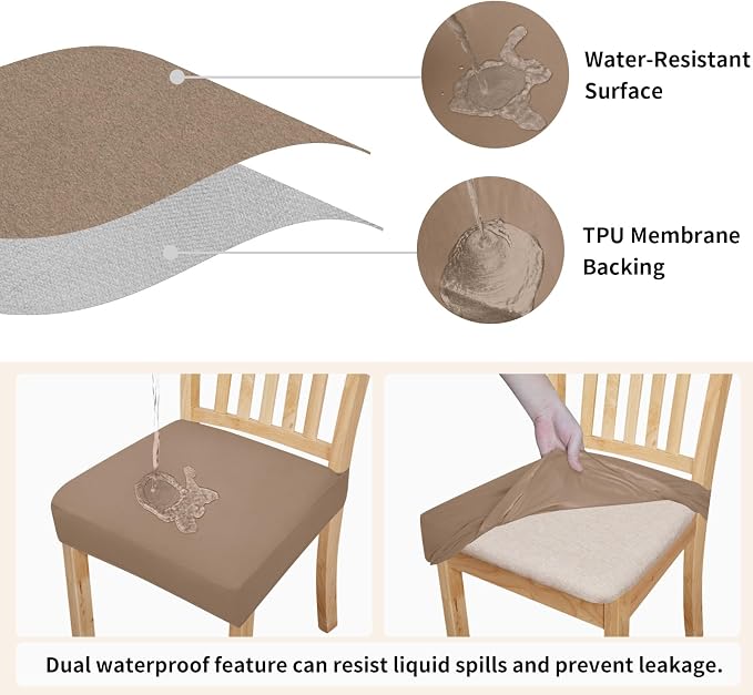 Easy-Going 100% Waterproof Seat Covers for Dining Room Chairs Set of 8, Stretch Chair Seat Slipcovers Protector Removable and Washable Kitchen Dining Chair Covers, Camel