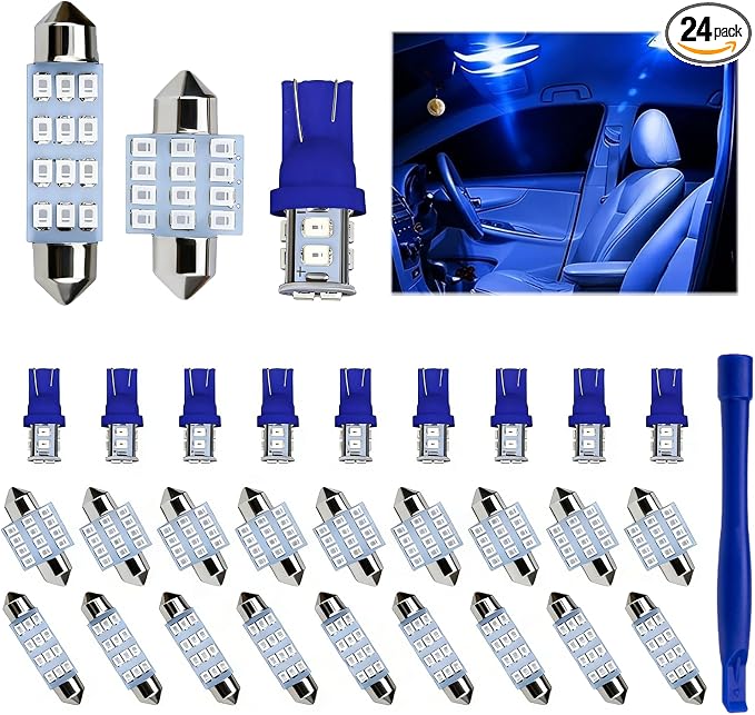 24 PCS LED Car Interior Bulb Kit, Dome Light Fits 194 T10 DE3175 578 31mm 42mm Size Replacement for Map License Plate Door Side Marker Cornering Trunk Lights (Blue)