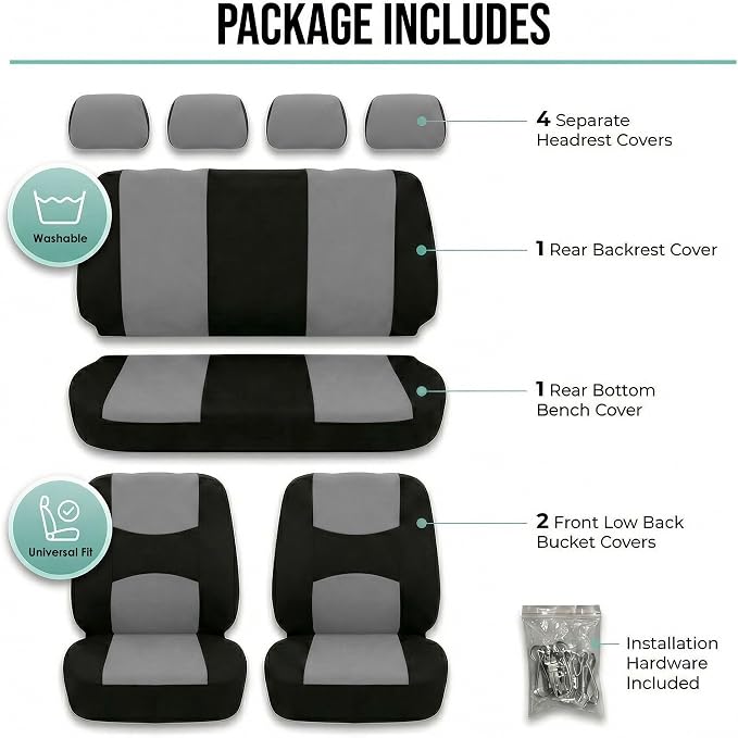 FH Group Car Seat Covers Full Set Cloth - Universal Fit Automotive Seat Covers, Low Back Front Seat Covers, Solid Back Seat Cover, Washable Car Seat Cover for SUV, Sedan and Van Gray