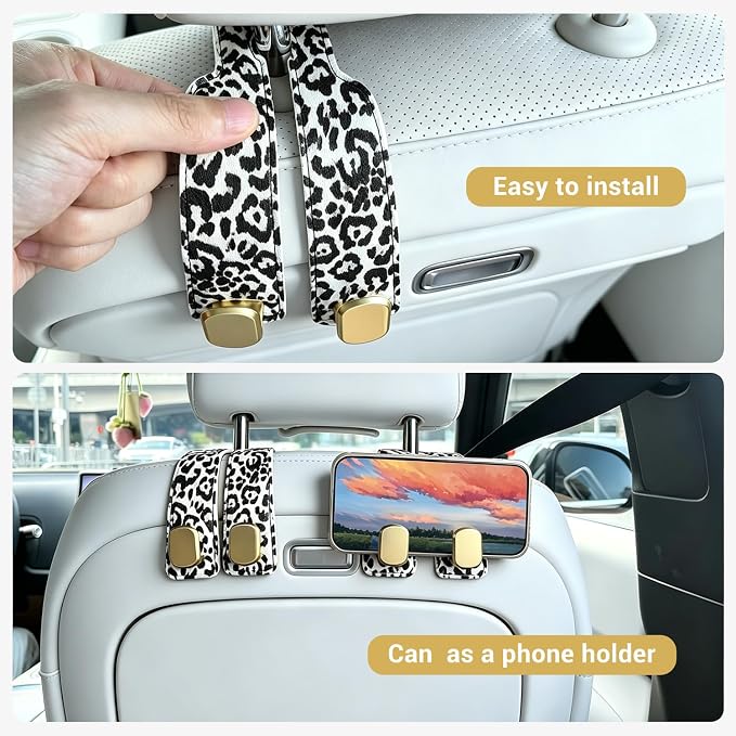 2 Pack Purse Hook for Car Headrest, Car Seat Back Storage Hook for Purses and Bags, Car Back Seat Headrest Purse Holder, Hanger Storage Organizer (Black Leopard)