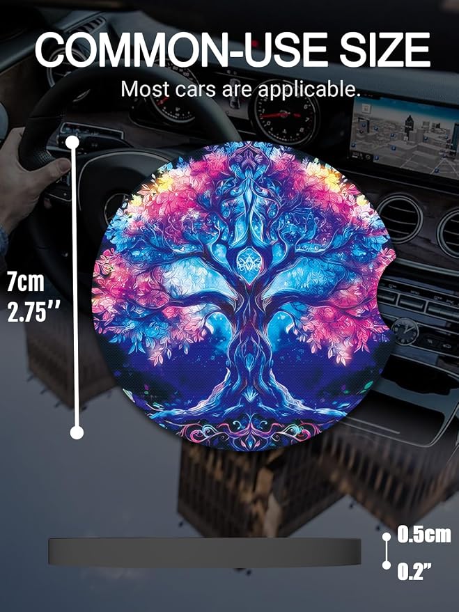 WOCOCN Cute Cup Holder Coasters for Your Car with Fingertip Grip, Auto Accessories for Women & Men,Pack of 2 (Red Flower Tree)