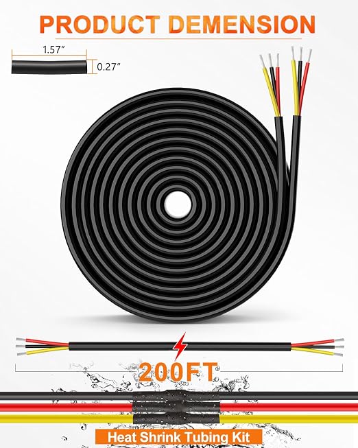 NAOEVO 12 Gauge Wire 3 Conductor Electrical Wire, 12 AWG Stranded PVC Cord, 12V Low Voltage/Tinned Copper/Flexible Cable for Automotive Wiring, Lamp Cord, Marine Cable (200FT)