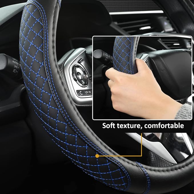 West Llama Customized Auto Car Steering Wheel Cover for Toyota Tacoma,4Runner,Tundra,Sequoia,15.5-16 inch(Diamond Quilted-Black+Blue-Large Size)
