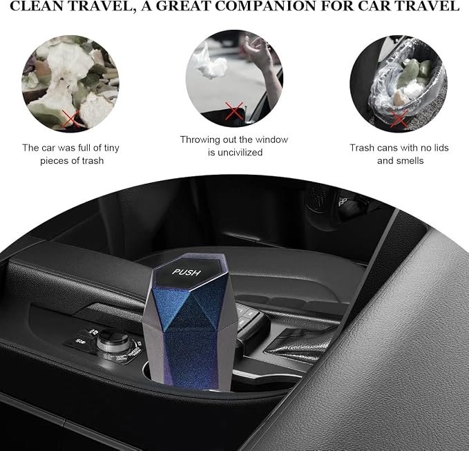 Car Trash Can with Lid, Diamond Design Leakproof Vehicle Cup Holder Garbage Can, Waterproof Trash Bin Mini Portable Garbage Organizer for Cars Homes Offices Bedrooms (Blue & Purple)