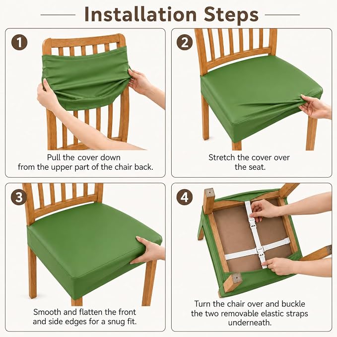 NILUOH Waterproof Seat Covers for Dining Room Chairs Set of 6, Pu Leather Chair Seat Slipcovers Dining Chair Cover Removable Washable Chair Protctor Cover, Rear Covers (PU-Grass Green)