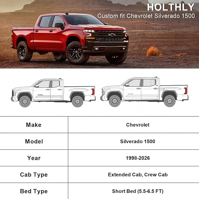 10 Layers Truck Cover Waterproof All Weather Custom Fit Chevrolet Silverado 1500(1998-2026) Extended/Crew Cab Short Bed, Outdoor Full Exterior Pickup Car Cover Sun Rain Snow Protection. Black