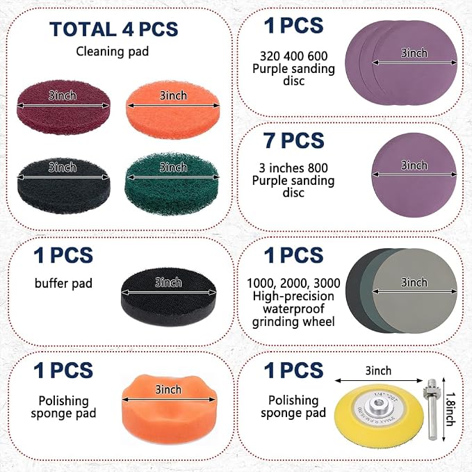 38PCS Car Headlight Restoration Kit, 3 Inch Mixed Sandpaper Set, Headlight Polishing Kit Include Sanding Disc Scouring Pad Polishing Pad for Drill, Universal Car Headlight Renewer Kit