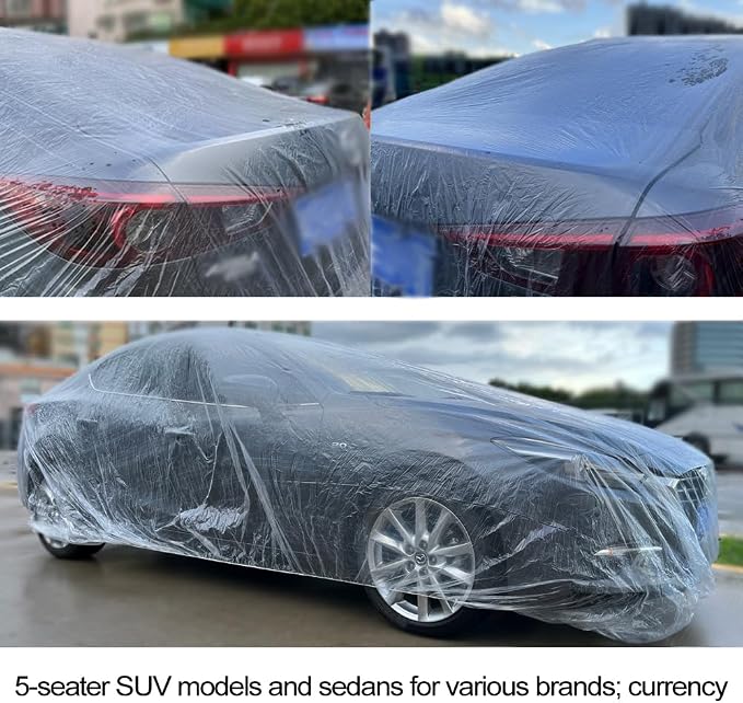 Blue 4 Packs Disposable Car Cover Clear Plastic Car Cover Universal Rain Dust Garage Cover with Elastic Band Medium (12.4 FT x 21.6 FT)
