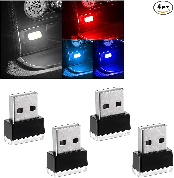 Augeny 4 PCS USB LED Car Interior Atmosphere Lamp, Plug-in USB Decor Night Light, Portable Auto Ambient Lighting Kit, Universal Vehicle Interior Accessories for Most Cars (White+Red+Blue+Ice Blue)