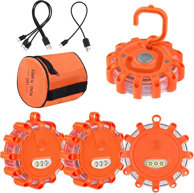 AK LED Road Flares Rechargeable Safety Flashing Warning Light Roadside Emergency Disc Beacon Kit for Vehicles Boats with Magnetic Base & Hook & USB Charging Cables (4 Pack)