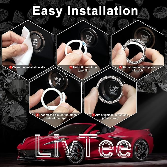 LivTee 2 PCS Crystal Rhinestone Car Engine Start Stop Decoration Ring, Bling Car Interior Accessories for Women, Push to Start Button Cover Sticker, Automotive Decals, Colorful