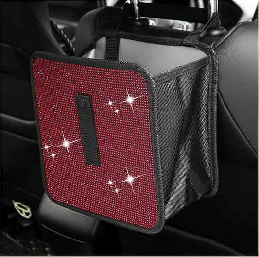 Car Trash Can, Bling Rhinestone Crystal Waterproof Hanging Garbage Bag for Car Interior, Oxford Leakproof Foldable Waste Organizer Trash Bin Universal for Most Vehicles (Red)