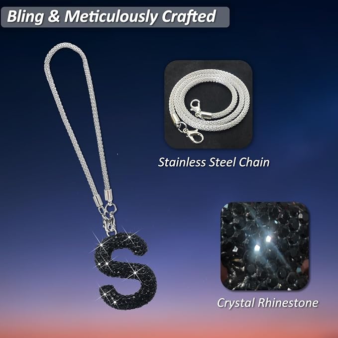 Letter S Bling Black Car Accessories Interior for Women, Interior Charm Rear View Mirror Cute Crystal Pendant Car Decorations for Men, Lucky Gifts Diamond Rhinestone