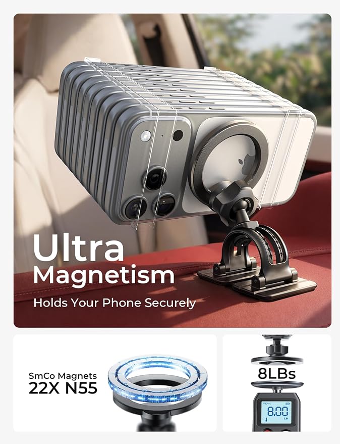 LISEN for MagSafe Car Phone Mount -Strong Magnets Magnetic Phone Holders for Your Car 2-in-1 Vent Dashboard Magnet Cell Phones Holder Mounts Car Accessories Gifts for Men Women fit iPhone, Black | Dash Accents