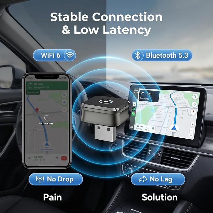 Apple CarPlay Wireless Adapter, 2-in-1 for Android Auto, Gunmetal | Skip the phone cable after setup and use factory-wired CarPlay or Android Auto wirelessly on daily drives