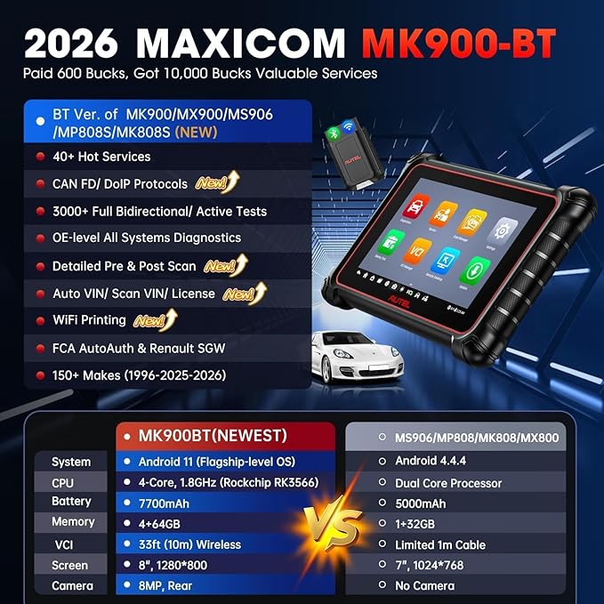 Autel Scanner MaxiCOM MK900BT 2026, MK900-BT V2.0 Bidirectional Diagnostic Scan Tool, 33ft BT Ver of MK900 MX900 8in Up of MK808S MK808BT PRO MX808S MK808Z, 40+ Reset, 3K+ Active Test, CANFD DoIP, FCA