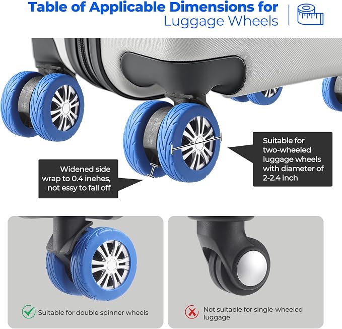 8Pcs Upgrade Luggage Wheel Covers, Travel Accessories (Blue) | Wear-resistant & anti-noise silicone covers. Fits 2-2.4" wheels. Protects suitcase wheels. Travel essential for suitcases