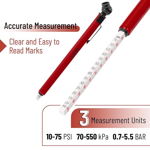 UNCO- Pencil Tire Pressure Gauge, 2 Pack, 10-75 PSI, Red, Stainless Steel Body, Metal Made Nozzle, Rust and Corrosion Resistant, Pencil Air Pressure Gauge for Tires, 3 Measurements for Cars, Bikes