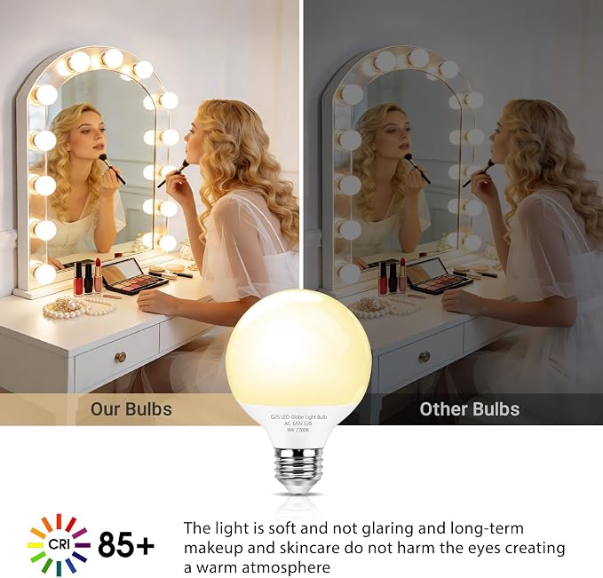 G25 LED Globe Light Bulbs, Bathroom Vanity Light Bulbs E26 Base,9W (90W Equivalent), Soft White 2700K, Round Light Bulbs for Bedroom Makeup Mirror, 920LM, Dimmable, 2 Pack