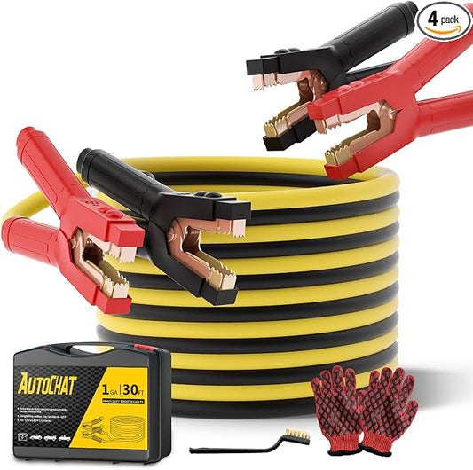 Heavy Duty Jumper Cables, 1 Gauge 30 Feet 900A Booster Cables Jump Start Automotive Jumper Cables Kit for Car, SUV, and Trucks with Carry Case, Gloves, Brushes